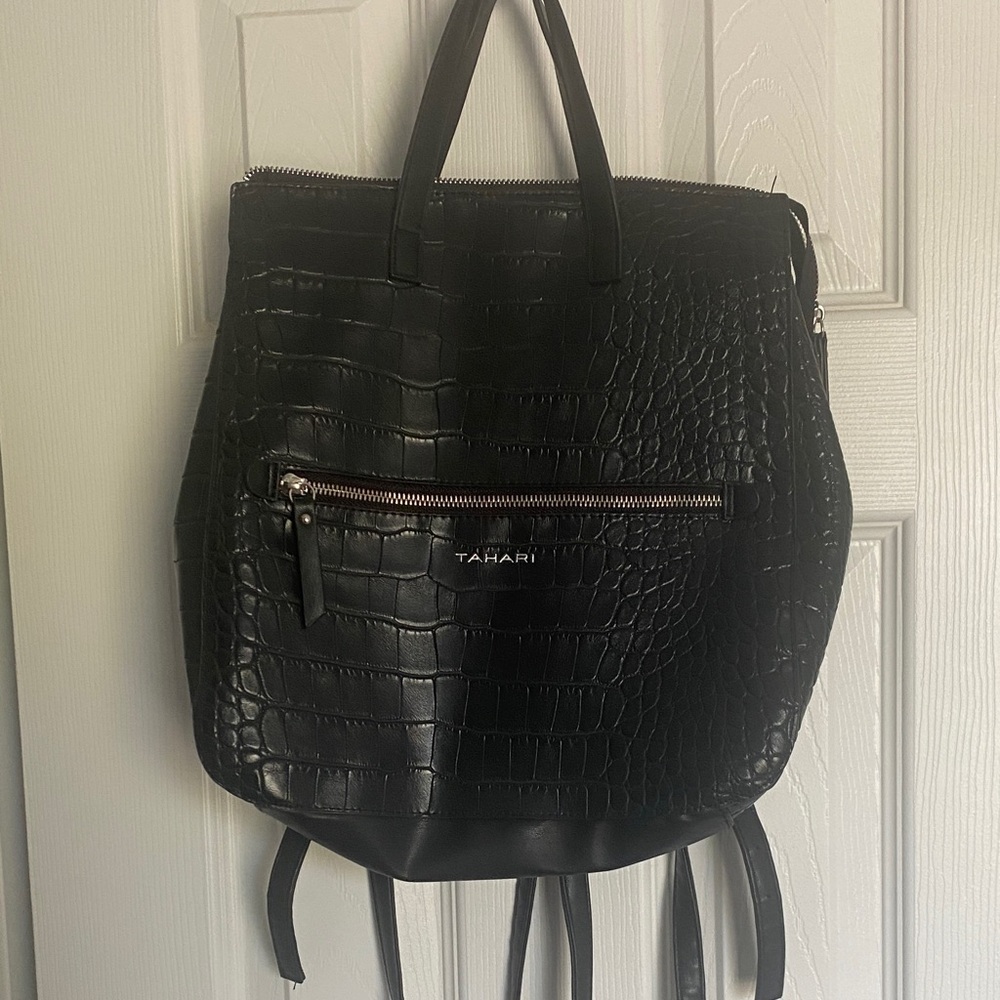 Tahari Black Croc-Embossed Leather Backpack